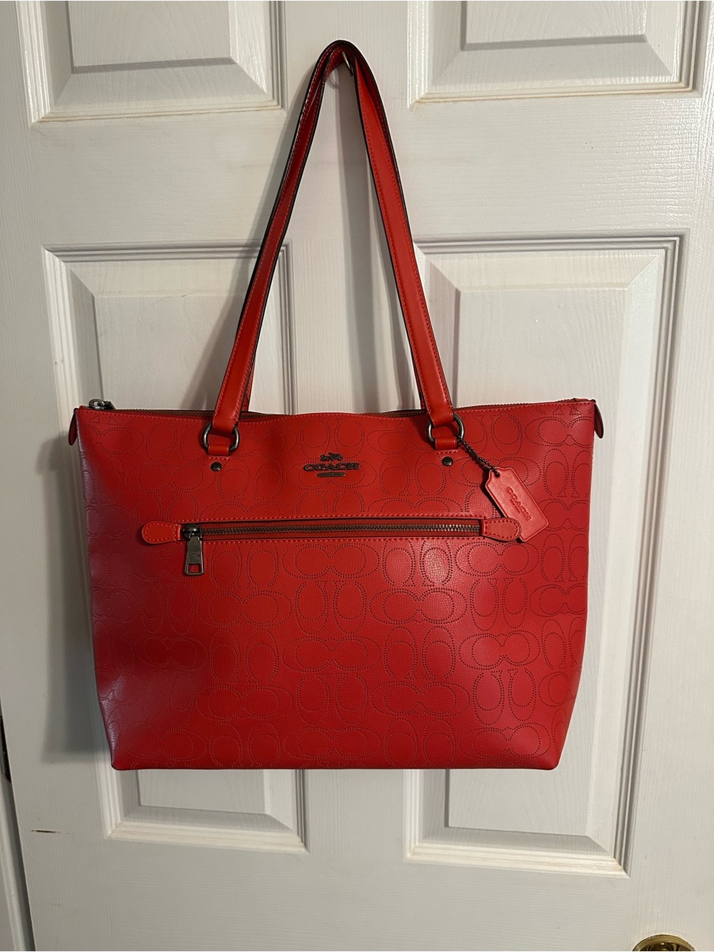 Coach Red Embossed Signature Tote Bag